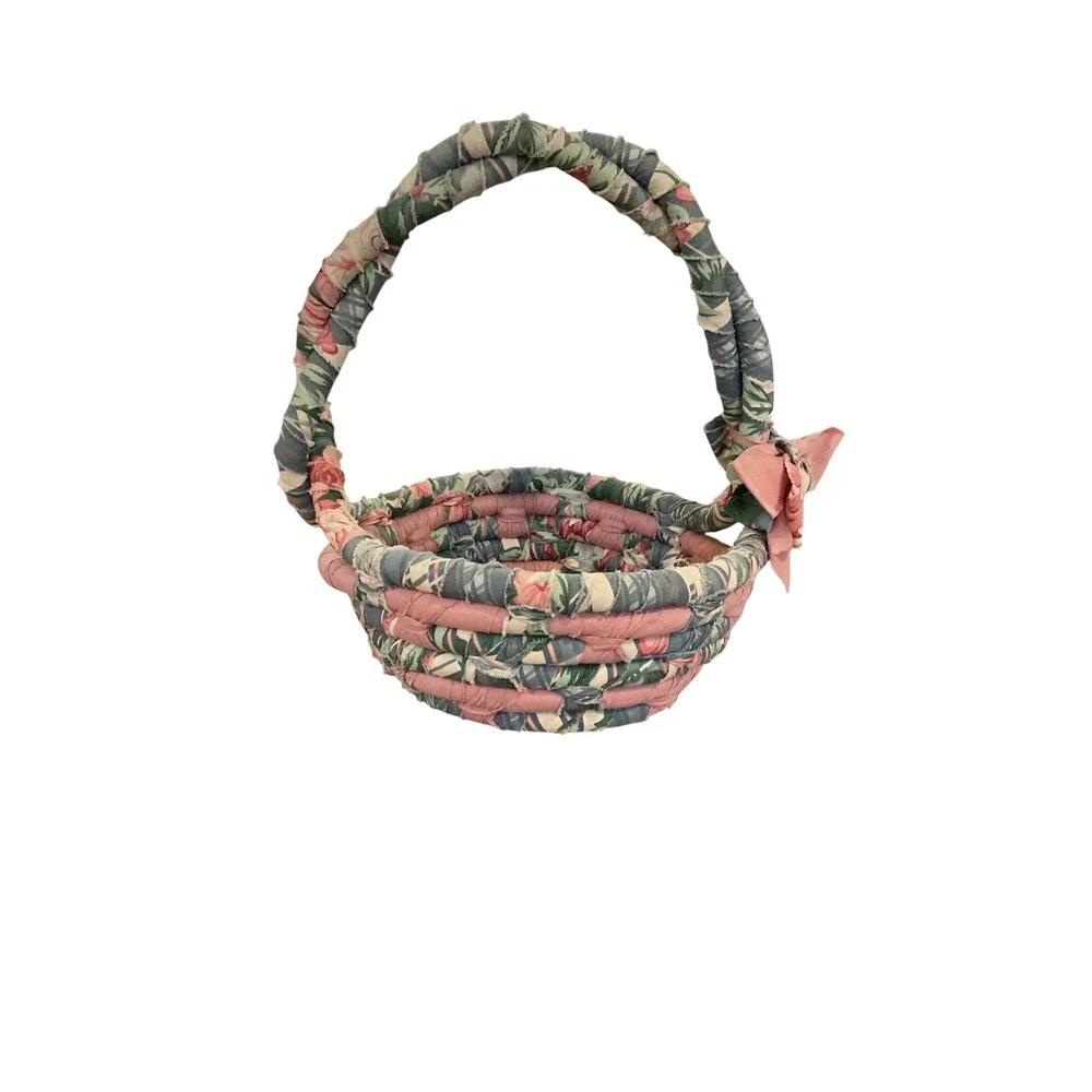 Handmade Coiled Fabric Rope Basket Pink Floral Cottagecore Decor with Bow Handle